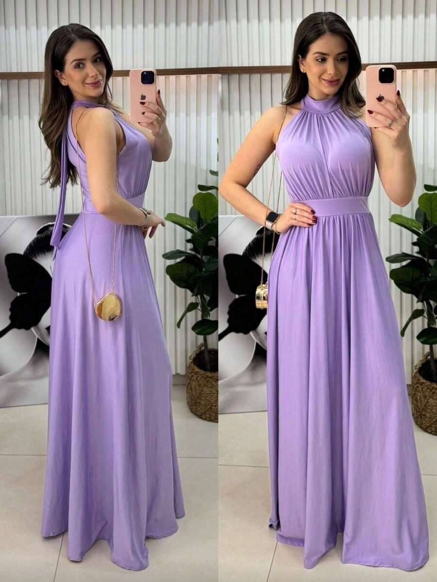 Women's Fluity Mesh Long Sleeveless Dress High Neck Solid Color Elegant Party Fashion - Màu đỏ tím - Xem 1