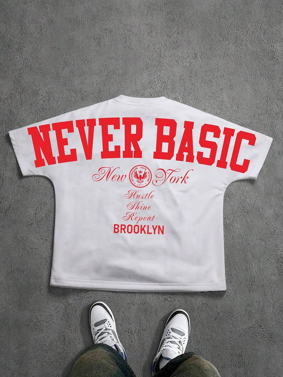 Áo thun nam dáng rộng, phong cách tối giản, in chữ và họa tiết hình học New York Brooklyn - Màu trắng, cổ tròn tiêu chuẩn. - trắng - Xem 1