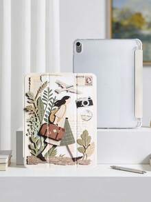 1pc Illustrated Girl & Airplane Pattern Painted Tablet Case, Compatible With IPad Mini4/Mini5/Mini6/Mini7/Air/Air2/9.7/10.2/10.5/Air4/Air5/10.9/Pro 11-Inch/10th Gen/ Air 11-In.(M2)-2024/ Pro11-In.(M4)-2024/Air 11-Inch (M3) 2025/ (A16) 11 Inch 11th Generation 2025, Galaxy Tab A8 10.5 Inch 2022, Tri-Fold Stand, TPU Soft Edge Protection, Magnetic Sleep/Wake, Leisure/Fun/Healing/Personalized - Multicolor - View 3