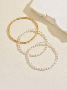 Bộ 3 vòng tay hạt vàng và ngọc trai giả, vòng tay co giãn đa năng có thể đeo chồng lên nhau, trang sức phối hợp nhiều lớp dành cho nữ. - trắng - Xem 4