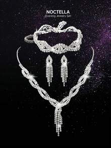 Noctella Women's Luxury Diamond Sparkling Jewelry Set - Shimmering Necklace, Earrings, Bracelet Set, Shiny Pleated Clutch, V-Flap Envelope Clutch, Elegant Clutch, Bridal Evening Bag, Metal Chain Handbag, Wedding Party Clutch, Cocktail Party Wedding New Wallet Clutch - Silver - View 5