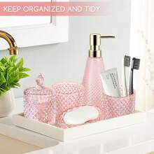 5-Piece Pink Glass Bathroom Accessories Set, Includes Triangle Soap/Lotion Dispenser, Soap Dish, Toothbrush Holder, Tumbler & Cotton Swab Jars,Modern Crystal Decor For Bathroom - Housewarming Gift - 粉色 - 查看 7