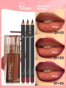 Pudaier 4-Piece Moisturizing Lip Gloss And Lip Liner Set - 3D Precision Defined Lips, Create Hydrated Makeup Look Suitable For Any Occasion, Perfect Match For Various Makeup Styles! - 4PCS SET - View 1