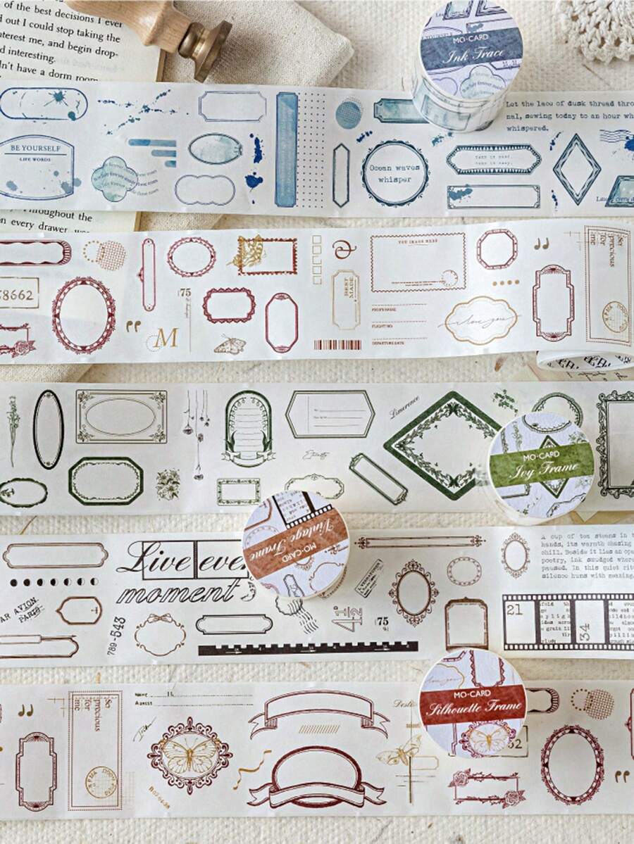 MOCARD 1卷2米水彩边框和纸胶带，复古创意美学贴纸，DIY装饰拼贴工艺用品，节日礼物，个性化剪贴簿学校文具（4种随机款式） - 素色邊框 - 查看 1