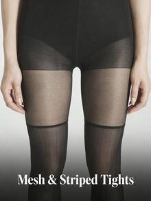 A Pair Of Women's Mesh-Plaid Vertical-Striped Thigh-High Stockings, Pantyhose, Full-Length Stockings, Semi-Transparent Elastic Tight Pants, Sexy And Fashionable Stockings, Elegant And Fashionable, Made Of High-Quality Nylon Material. - Black - View 4