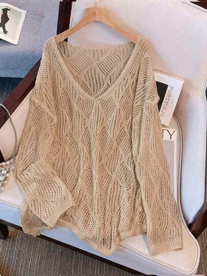 Women's V-Neck Hollow Rhombus Design Loose Knit Cover Up, Airy And Breathable For Beach/Resort Wear, Spring/Summer Vacation White