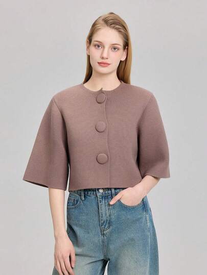 Round Neck Short Button Knit Cardigan