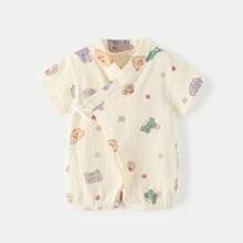 Infant Girls' Summer Short Sleeve Romper, Sheer Fabric, Newborn Japanese-Style Baby Outfit, Soft & Breathable, Suitable For Outdoor Activities, Gentle On Baby's Delicate Skin - Beige - View 10