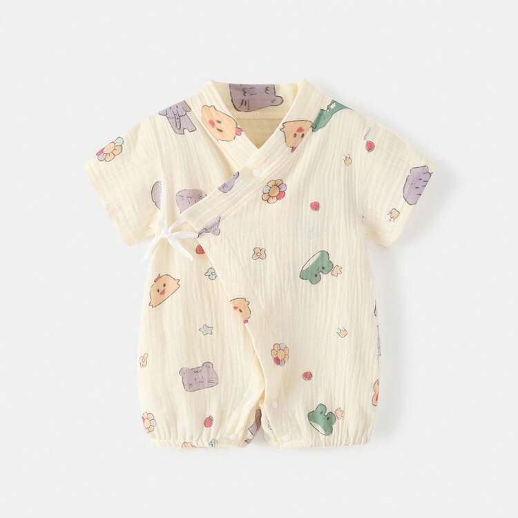 Macacão de Manga Curta para Bebê Menina no Verão, Tecido Transparente, Conjunto de Roupas de Estilo Japonês para Bebê Recém-Nascido, Macio e Respirável, Adequado para Atividades ao Ar Livre, Suave na Pele Delicada do Bebê - Bege - Visão 10