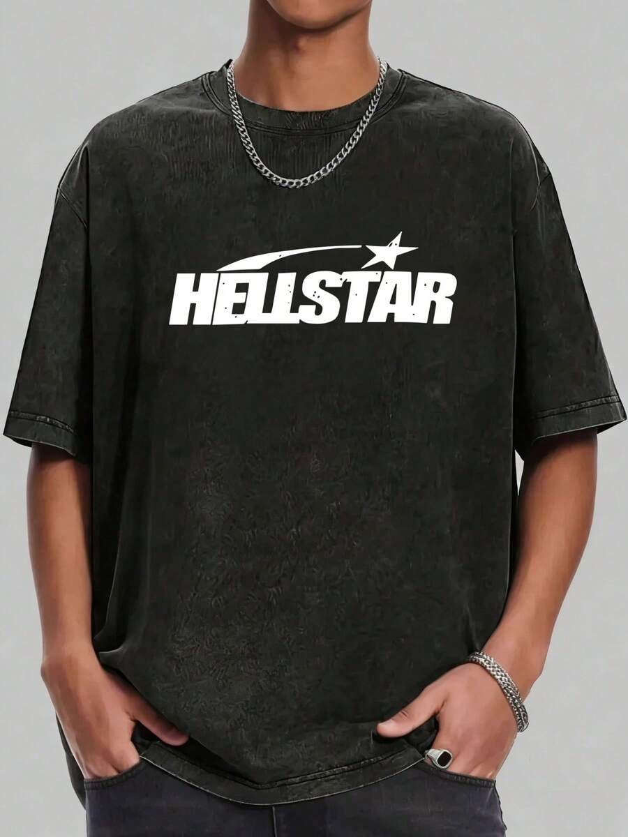Hellstars Classic Logo Retro Washed Print Round Neck Short Sleeve T-Shirt, 230g 100% Cotton T-Shirt, Summer Clothes, Men's Tops, Casual And Comfortable, Fashionable Graphic Tee, Unisex Style - 黑色 - 查看 1