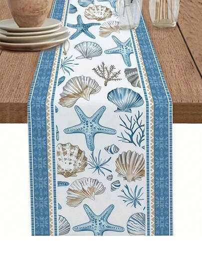 1pc Table Runner - Summer Ocean Starfish Seashell Coral Blue Geometric Stripes Design, 13x48/72/108 Inch Rectangular Dining Table Decor For Kitchen, Wedding, Banquet, Party, Home Decoration, Dining Table Decoration, Textured Fabric, Coastal Style, 100% Line 13x35.4/47.2/63/72/78.7 Inches