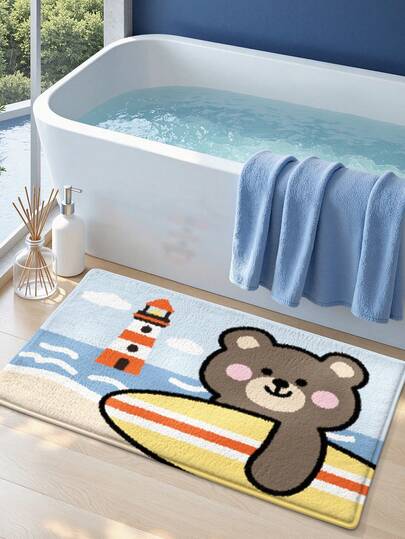 DAJIANG 1 قطعة سجادة حمام بطراز شاطئي مضحك، سجادة حمام من الفيبر الناعم جدًا بتصميم الدب الكرتوني المتزلج متعدد الألوان + مناسبة للحمام والمطبخ والخارج والداخل والممر والغرفة والسرير، سجادة قابلة للغسيل في الغسالة، قاعدة مانعة للانزلاق، ديكور سجادة الحمام