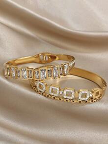 奢华独特镂空方形手镯套装，女士可叠戴金色手镯，适合日常、派对、情人节、婚礼、音乐节、母亲节等场合，珠宝礼品之选。 - 彩色 - 查看 4