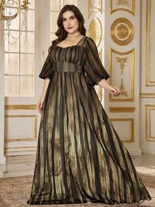 SUPGIR 【随机裁剪】方领灯笼袖褶皱胸部雪纺腰部喇叭下摆优雅晚礼服 - 棕色 - 查看 3