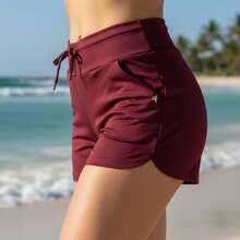 Acqua Bronze Set Of 2 Women's Adjustable Drawstring Shorts With Pockets, Versatile, Sporty, Double Waistband, Simple, Casual - 海軍藍/瑪薩拉紅 - 查看 6