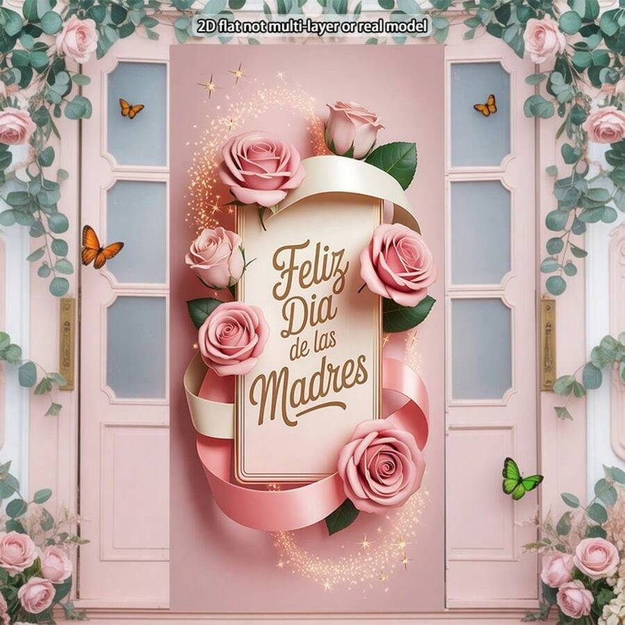 2D Flat Design Spanish Mother's Day Banner Curtain, Pink Flower And Butterfly Pattern - Happy Mother's Day Door Hanging Decor, Suitable For Party Fabric Material, Spring Door Decor, 2D Flat Design, Multiple Styles And Sizes - 20 - View 1
