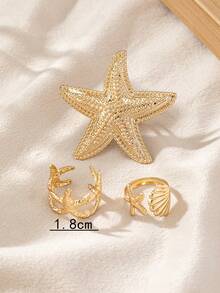 3pcs Exaggerated Ocean Style Starfish & Shell Adjustable Rings Set, Suitable For Summer Beach Party & Vacation Wear - Gold - View 5