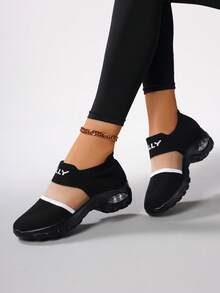 Women's Slip-On Air Cushion Mesh Patchwork Breathable Running Shoes, Fashion Versatile Sneakers - Black - View 2