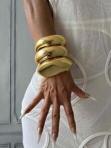 3pcs Unique Bangle Set, Gold Color Wide Cuff Bracelets, Luxury Elegant Style Bangles For Women - Yellow Gold - View 8