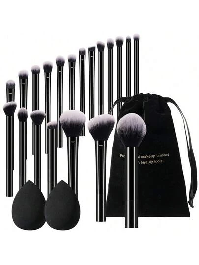 23件套化妆工具套装，包括：20支化妆刷套装+2个化妆海绵+1个绒布袋，一应俱全，新手友好 | 方便旅行携带，送礼佳品 | 新手/女性的完美之选