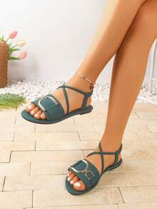 女士金属搭扣装饰平底凉鞋，时尚波西米亚风交叉复古休闲凉鞋，轻便舒适户外休闲百搭平底凉鞋 - 綠色 - 查看 7