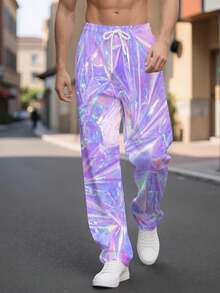 One Men's Elegant Eye-Catching Woven Fabric Smooth Drape For Boyfriend Summer Beach Vacation Purple Base Holographic Laser Straight-Leg Pants For Men - 彩色 - 查看 2