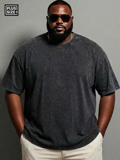 1件加大码男士T恤，时尚复古扎染短袖，街头风宽松版型，适合身材偏胖人士，适合购物、约会、时尚派对、旅行、运动、日常穿着，也可作为父亲节、情人节礼物，黑色夏季款