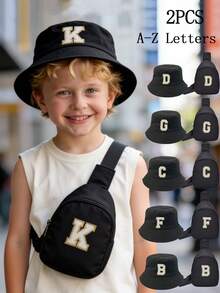 Kids Personalized A-Z Letter Patch Black Bucket Hat & Sling Bag Set - Unisex Adjustable Bucket Hat And Crossbody Bag, Cute Preppy Outfit Accessory - Black - View 1