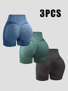5PCS High-Waisted Solid Color Hip-Lifting Elastic Sports Shorts, Women's Sportswear Running Seamless Yoga Cycling Women's Sportswear Yoga Shorts Hiking, Fashionable Sportswear/Elastic Fabric, High-Waisted Shorts - 彩色 - 查看 12