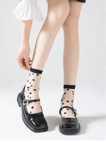 3 Pairs Women's Black Socks, Polka Dot & Butterfly Pattern, Thin Transparent Crystal Socks, Fashionable & Charming, Suitable For Spring/Summer - Black - View 3