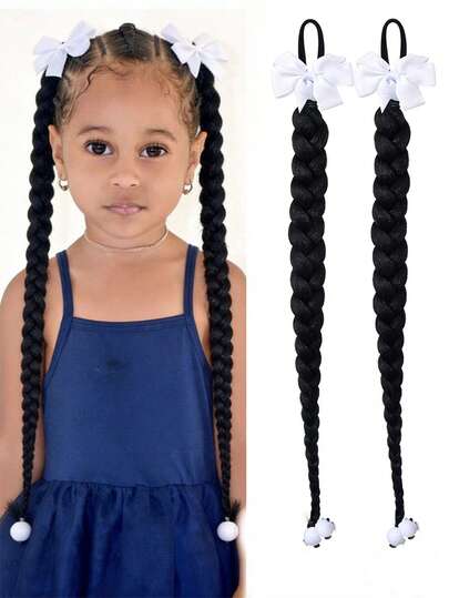 Kids Braids Wig With Bow Braid Ponytail Fake Hair Accessory New Chinese Style Ponytail Wig Hairpiece 2PCS