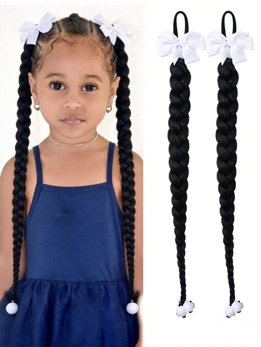 Kids Braids Wig With Bow Braid Ponytail Fake Hair Accessory New Chinese Style Ponytail Wig Hairpiece 2PCS