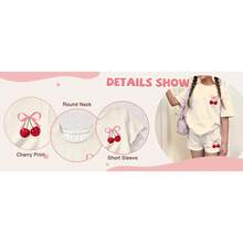 Girls 2 Piece Summer Outfit Cherry Bow Graphic Tee & Shorts Set Cute Casual Outfits - Pink - View 6