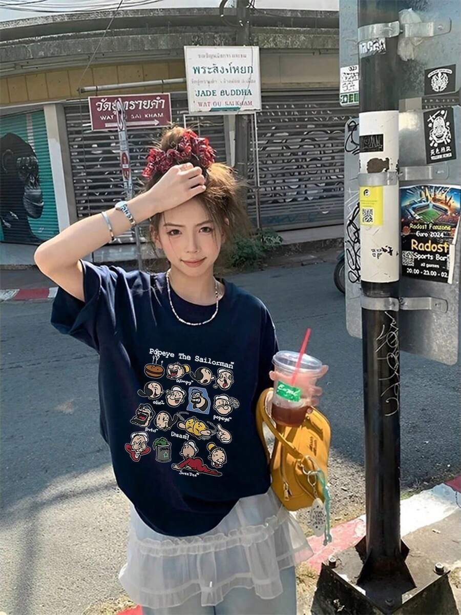 New Retro American Cartoon Print Short Sleeve T-Shirt, Unique Design Slim Fit Casual Top For Summer