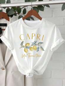 Camiseta de mujer de cuello redondo con estampado gráfico de limón - Blanco - Ver 1