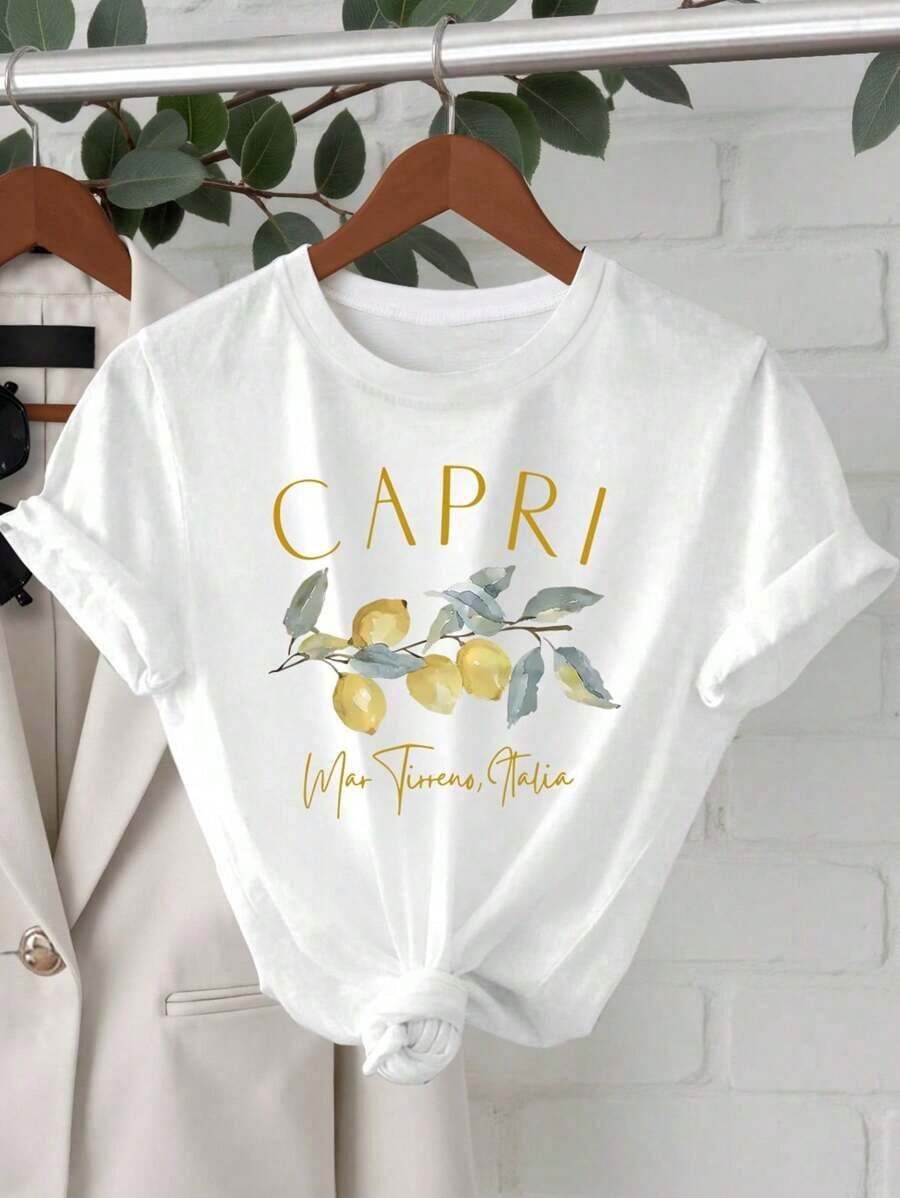 Camiseta de mujer de cuello redondo con estampado gráfico de limón - Blanco - Ver 1
