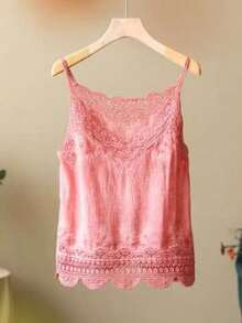 女士复古休闲宽松纯色镂空刺绣蕾丝拼接吊带背心粉色夏季 - 粉色 - 查看 4