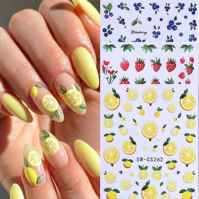 3pcs Summer & Spring Fruit Strawberry, Blueberry, Lemon 3D Nail Art Stickers, Suitable For Women & Girls DIY Nail Decoration