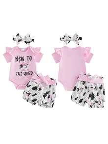 Western Baby Girl Clothes Cowgirl Summer Clothes Letter Boots Cow Print Crew Neck Short Sleeve Romper Shorts And Bow Headband 3 Pcs Set - 粉紅色乳牛 - 查看 9