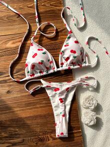 Set di costumi da bagno eleganti da donna con stampa multicolore di ciliegie, perfetto per vacanze al mare in primavera/estate e abbigliamento da spiaggia alla moda - Multicolore - Visualizzare 2