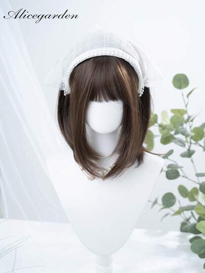 alicegarden 18-Inch Long Synthetic Wig Featuring A Natural Straight Style A Stunning Black-Brown. Designed With Bangs , It Is Crafted From Heat-Resistant Fiber To Ensure Durability. This False Hairpiece Is Perfect For Daily Use, Offering A Natural And Realistic Appearance That Mimics Real Human Hair (Excluding Accessories)