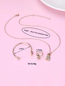 1条项链、1条手链、1枚戒指，彩色珐琅锌合金可爱猫咪首饰套装，适合日常佩戴，女孩款 - 彩色 - 查看 5