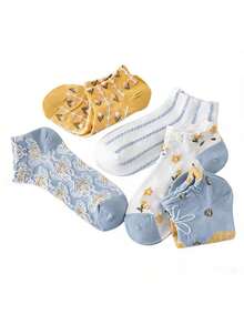 5 Pairs Women's Vintage Floral Socks, Short Crew Socks, Low Cut, Spring/Summer Thin Style, Japanese Fresh Ins Style - Multicolor - View 3