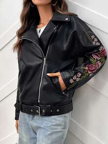 女士刺绣仿皮夹克长袖机车朋克夹克花卉外套 - 深黑色 - 查看 7