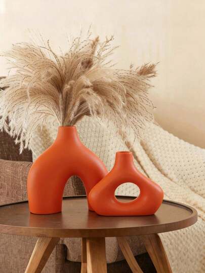 2 orangefarbene Vasen, moderne durchbrochene Dekorvasen, für den Heimgebrauch, nordischer minimalistischer Stil Blumenständer, geeignet für die zentrale Dekoration auf Wohnzimmertischen, geeignet für Pampasgras- und Trockenblumendekoration