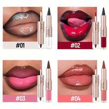 QIUFSSE Lip Liner & Gloss Lipstick Combo - 2 In 1 Dual-Ended Lip Combo Set, Black Velvet Matte Lip Liner & Buildable Clear Mirror Glowy Lip Gloss Kit For Women, Long Wear Shiny Plumping Finish, 06 - 2In1 Lipstick Lipgloss#06 - 查看 3