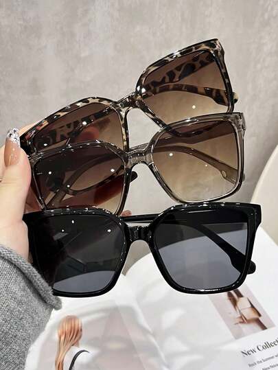 3 piezas/1 pieza Gafas de moda de plástico con montura grande y estampado de leopardo para mujer, adecuadas para exteriores, playa, viajes y fiestas