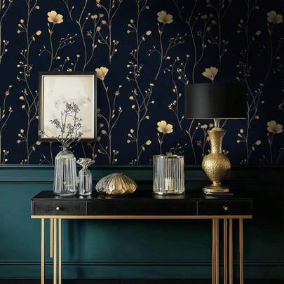 Gold Floral Wallpaper, Navy Blue Botanical Pattern Self-Adhesive Wall Sticker - Suitable For Furniture Makeover And Home Decor