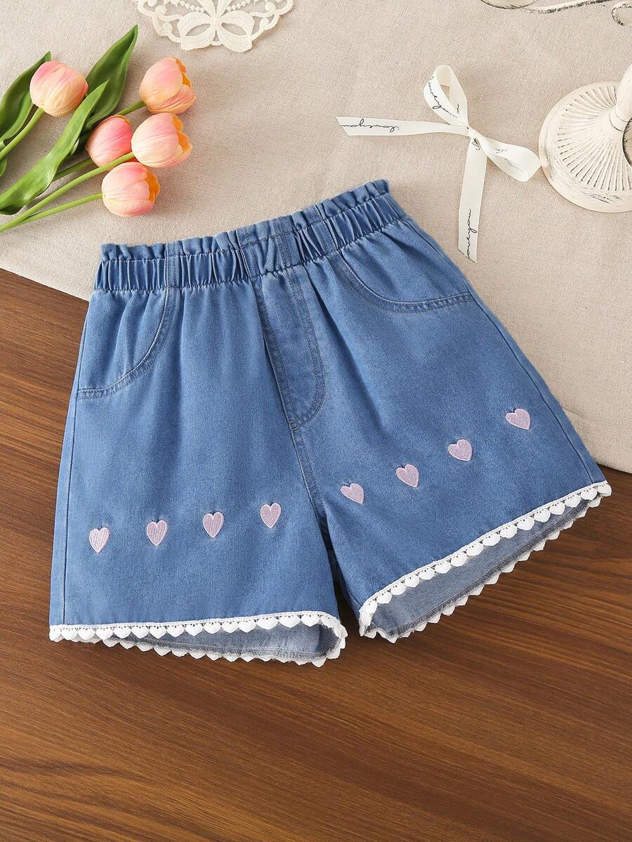1 buah Celana Pendek Denim Warna Terang untuk Anak Perempuan, Kasual, Sehari-hari, Nyaman, Segar, Warna Pink Manis, Bordir Hati dengan Patchwork Renda Kecil - Light Wash - View 1