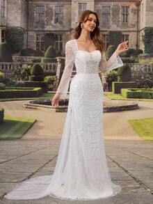 HEARBOBO 优雅白色蕾丝长袖鱼尾婚纱，适合新娘、婚礼、节日派对、毕业典礼及其他场合 - 白色 - 查看 6